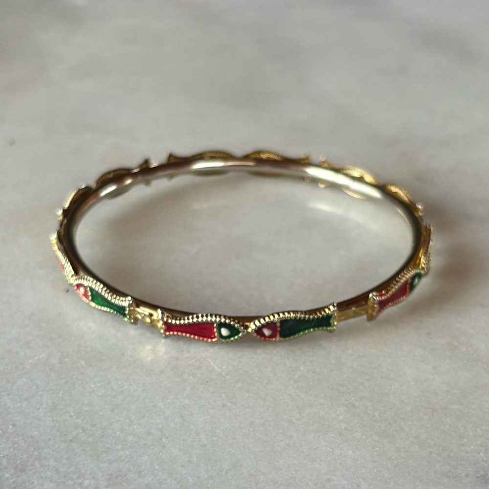 Vintage Gold Bangle with Red and Green Enamel Fish